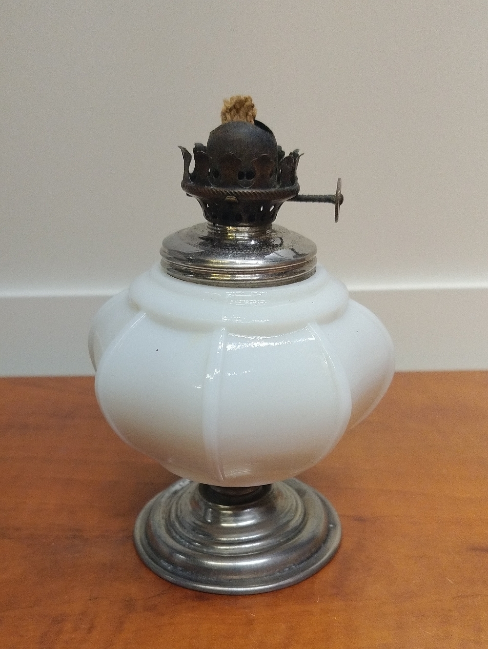 Antique Oil Lamp, Paneled Milk Glass With Pedestal